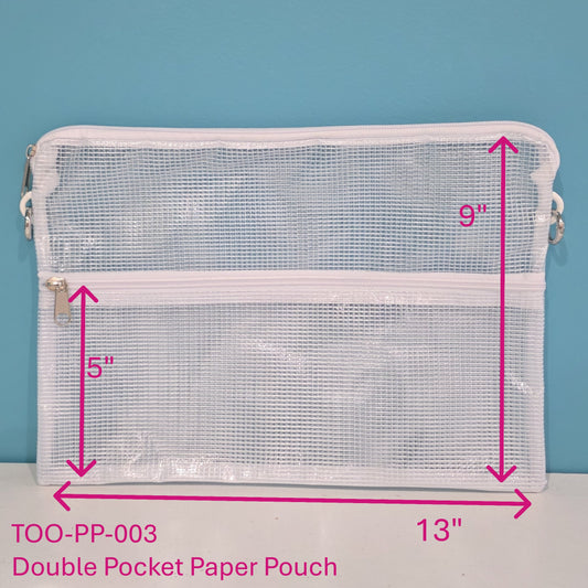 Double-Pocket Perfect Pouch, with dimensions - paper storage and organization pouch 8.5x11 or A4. Two pockets. Ideal for school, office, travel and craft from the founder of Totally-Tiffany