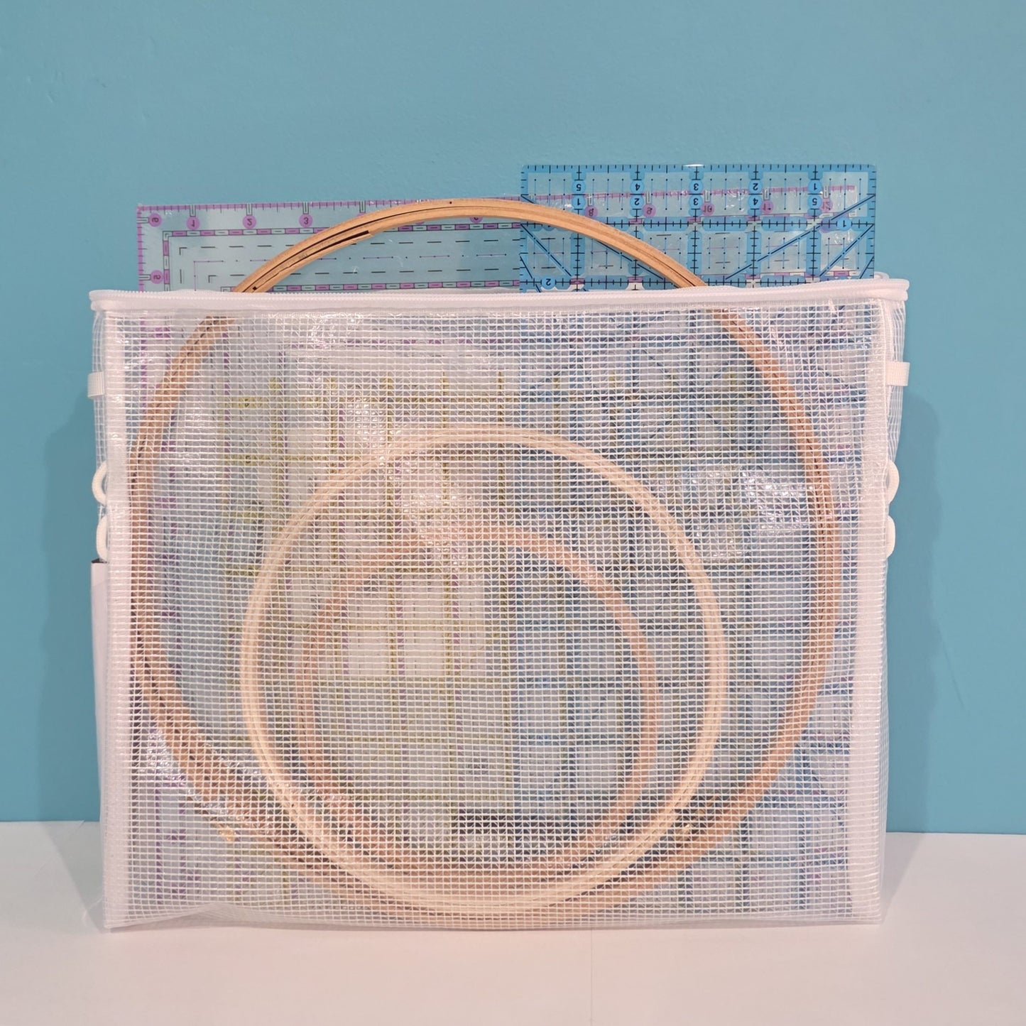 Big Base Pouch used for embroidery hoops and quilting rulers, opened. Perfect Pouch Collection Totally-Tiffany TOO