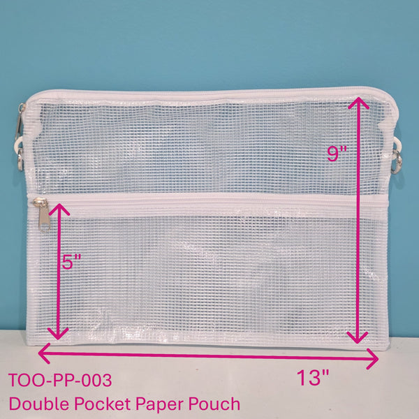 Double-Pocket Perfect Pouch, with dimensions - paper storage and organization pouch 8.5x11 or A4. Two pockets. Ideal for school, office, travel and craft from the founder of Totally-Tiffany