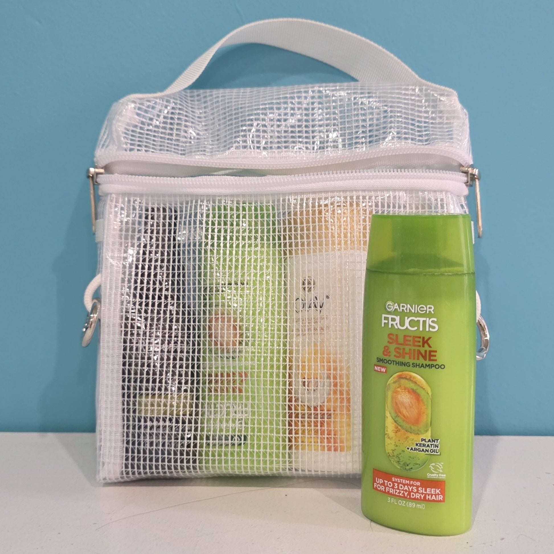Small square pouch for travel with cosmetics, body wash, shampoo