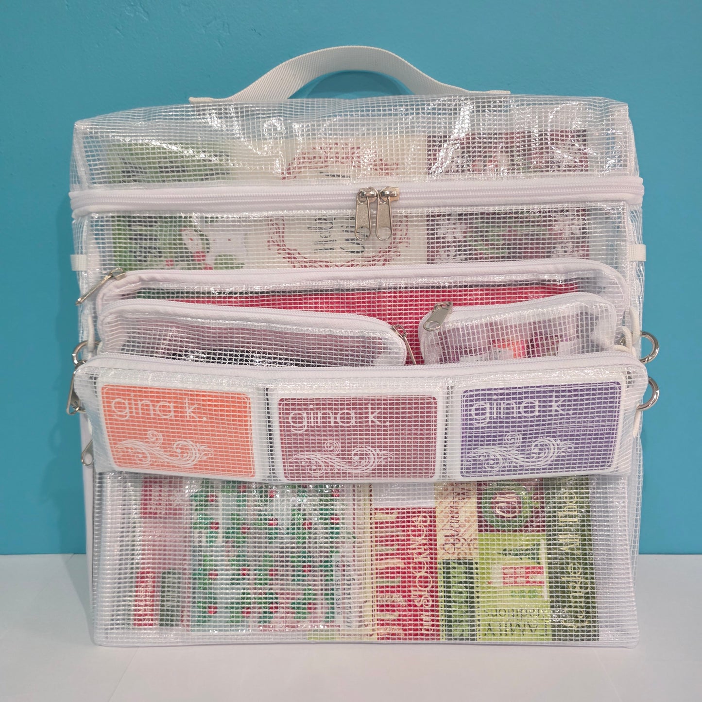 Perfect Pouch Collection, Big Base Pouch, Skinny Pouch, Id Pouch, Cash Pouch, Double-Pocket Pouch.  Connected together with connector rings, Crafty travel project tote.